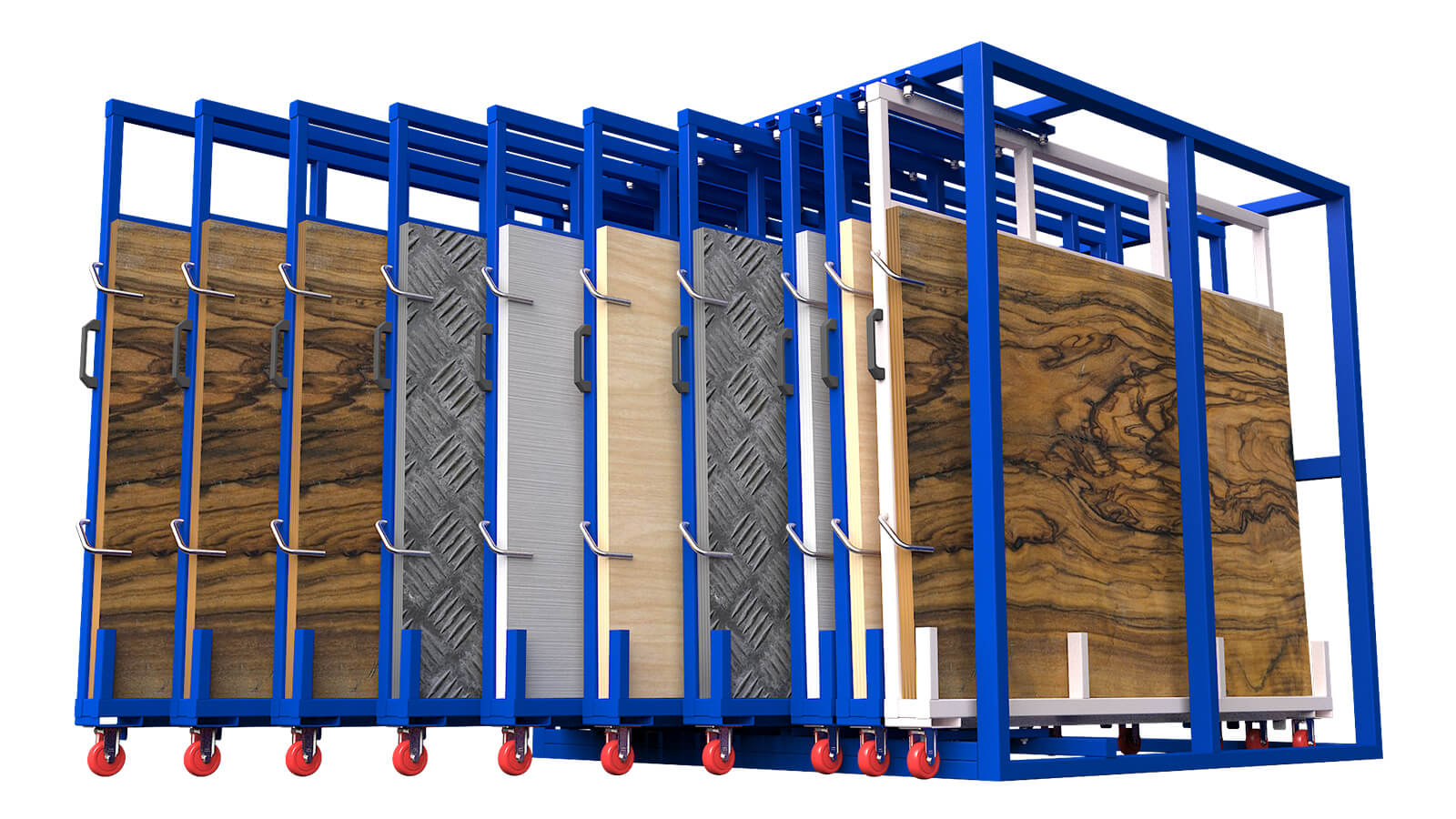 Expanded view of vertical sheet metal storage rack showing internal compartments